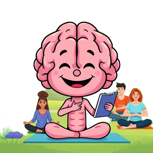 Vrolijke hersenkarakter in meditatie met gelukkige mensen.