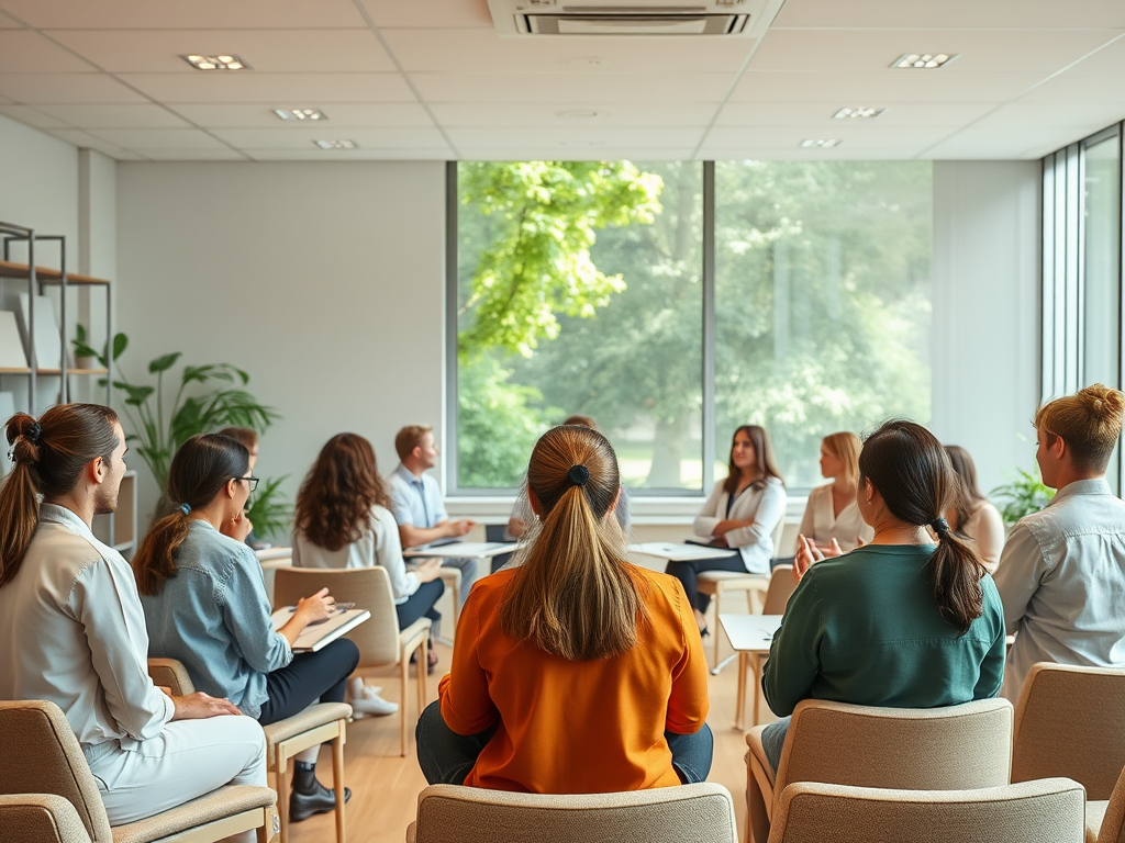 Een serene klaslokaal met professionals die mindfulness oefenen.