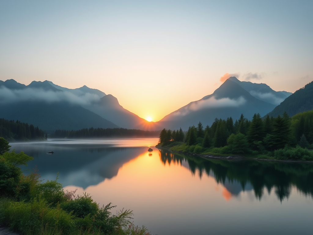 Rustig landschap met een meer en zonsopgang.