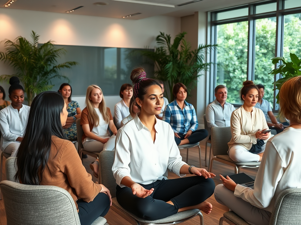 Een serene klaslokaal met professionals die mindfulness beoefenen.
