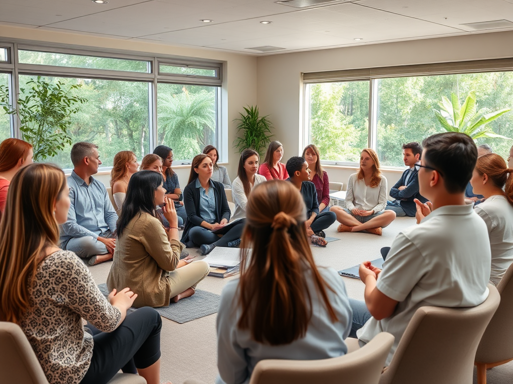 Een serene klaslokaal met professionals die mindfulness beoefenen.