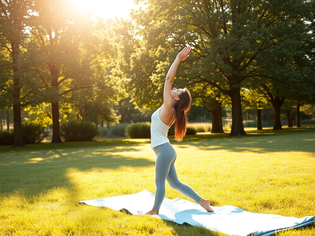 A serene summer morning "woman stretching outdoors" "sunlight filtering through green trees" "yoga mat on grass" "calm, refreshing atmosphere" "soft pastel colors"