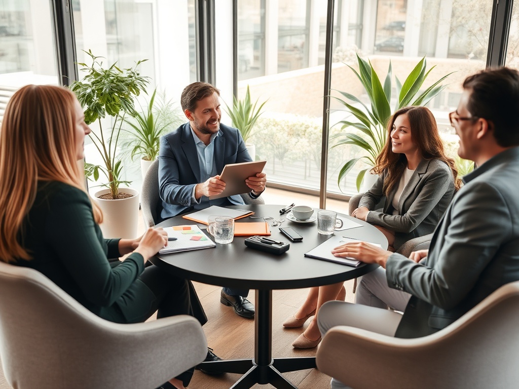 "diverse professionals in a bright modern coaching room" "small round table with notebooks, coffee cups, and sticky notes" "one person presenting with a tablet, others nodding attentively" "warm natural light, plants, and glass walls" "calm, confident atm
