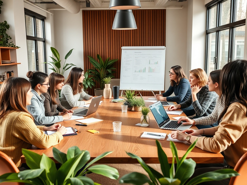 "warm professional workshop room" "diverse coaches gathered around a wooden table" "flipcharts, notebooks, laptops, sticky notes" "soft natural light, plants, cozy modern decor" "engaged discussion, note-taking, collaborative energy"