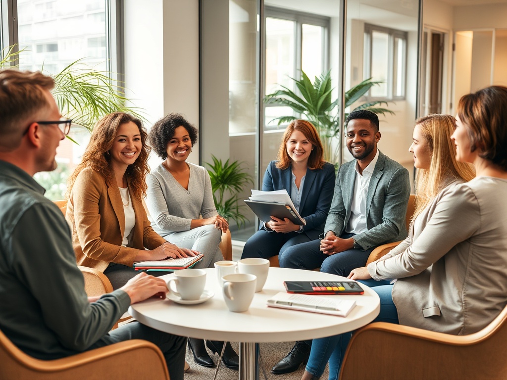 "diverse professionals in a bright modern coaching room" "small round table with notebooks, coffee cups, and sticky notes" "one person presenting with a tablet, others nodding attentively" "warm natural light, plants, and glass walls" "calm, confident atm
