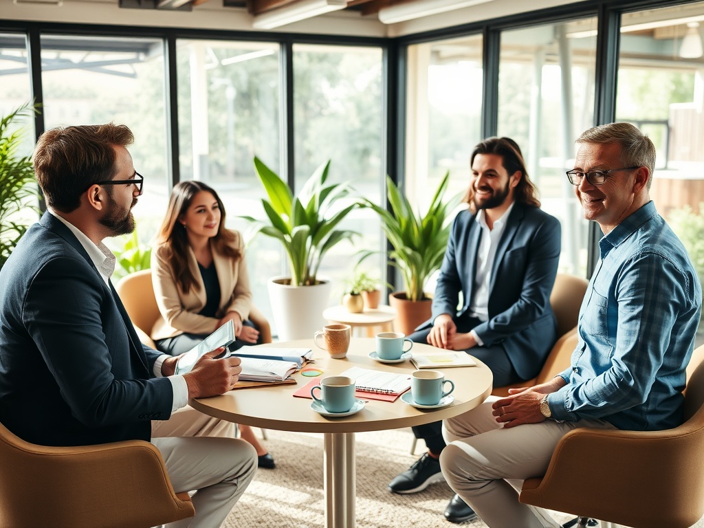 "diverse professionals in a bright modern coaching room" "small round table with notebooks, coffee cups, and sticky notes" "one person presenting with a tablet, others nodding attentively" "warm natural light, plants, and glass walls" "calm, confident atm