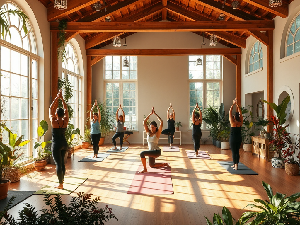 Een rustige yogastudio met zonlicht, planten en beoefenaars.