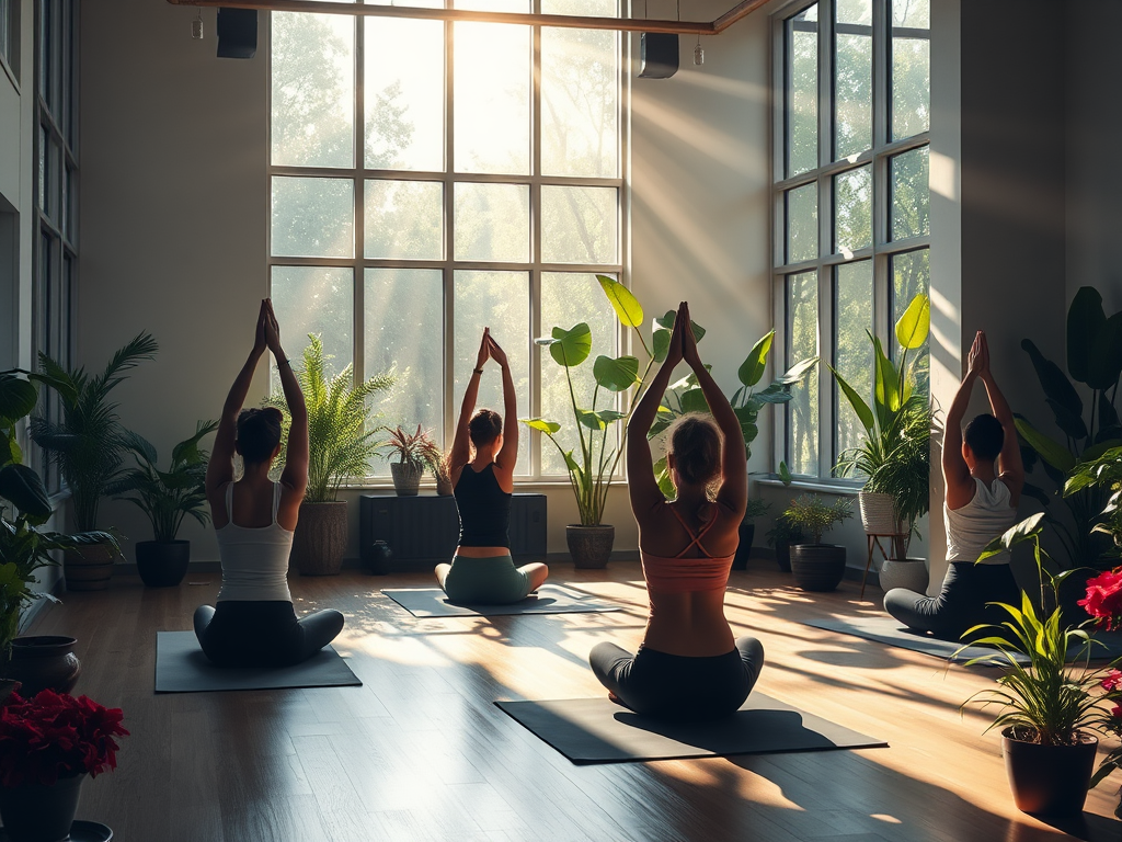 Een rustige yogastudio met zonlicht en planten.
