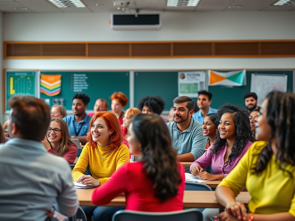 Een levendige klaslokaal met diverse, betrokken studenten.