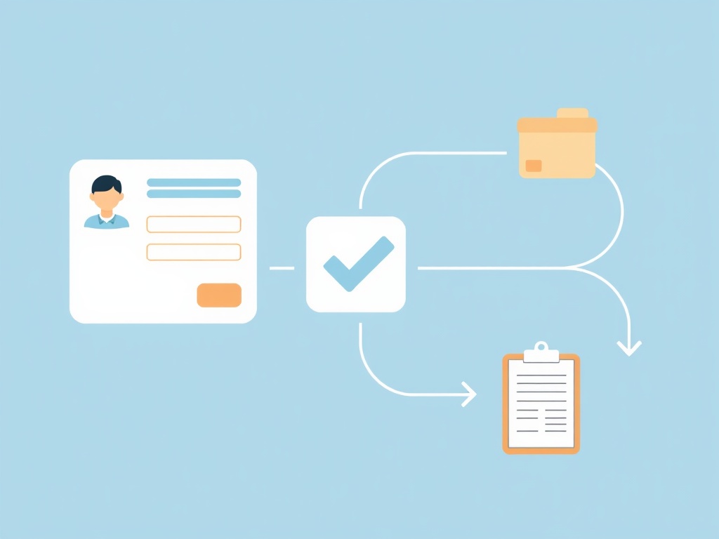 Minimalist clinic-themed order workflow illustration, "practitioner avatar", "clean form fields", "secure checkmark", "package dispatched", "fast processing arrows", "professional clipboard"