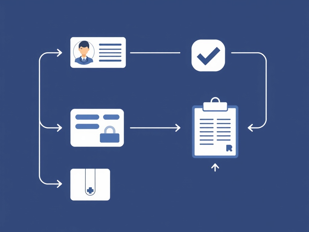 Minimalist clinic-themed order workflow illustration, "practitioner avatar", "clean form fields", "secure checkmark", "package dispatched", "fast processing arrows", "professional clipboard"