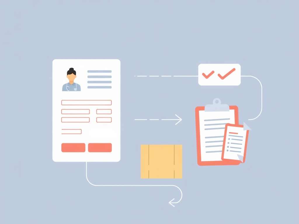 Minimalist clinic-themed order workflow illustration, "practitioner avatar", "clean form fields", "secure checkmark", "package dispatched", "fast processing arrows", "professional clipboard"