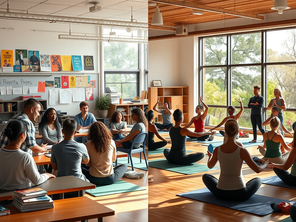 Een klaslokaal met leraren en studenten, en een yogastudio.