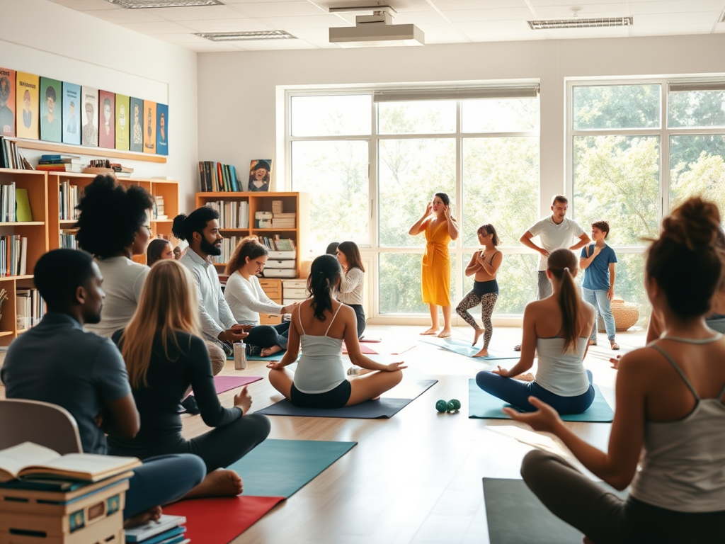 Een yoga studio met mensen die verschillende poses oefenen.
