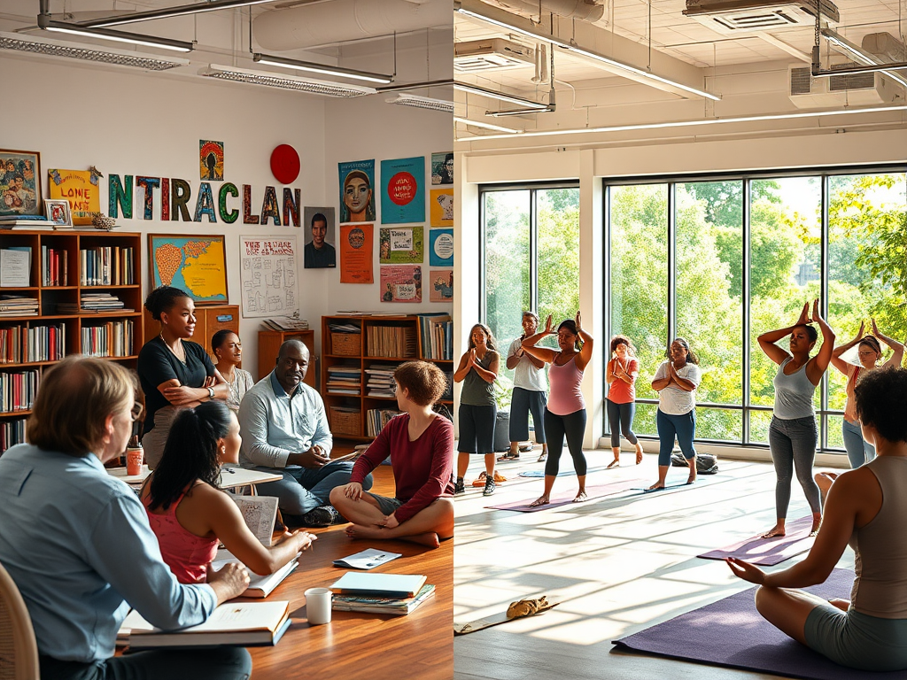 Een klaslokaal met diverse studenten en een yogastudio.