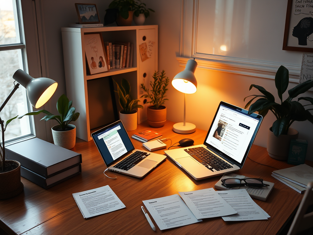 Een gezellige thuiswerkplek met laptops en aantekeningen.