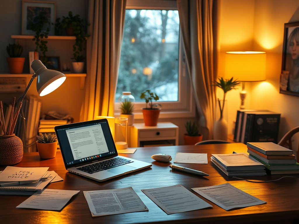 Een gezellige thuiswerkplek met een warm licht.