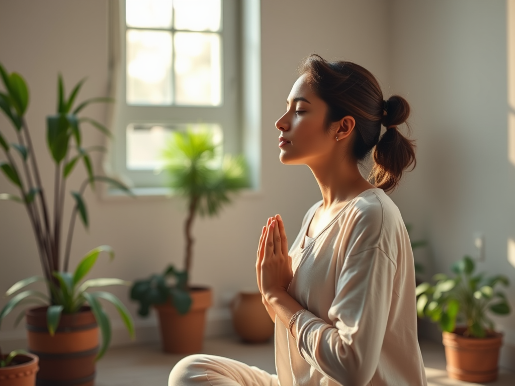 A person practicing breathwork in a serene indoor space.