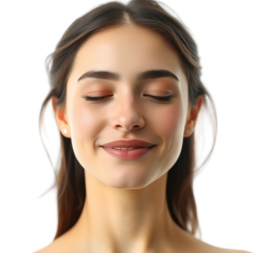 A smiling person with closed eyes against a white background.