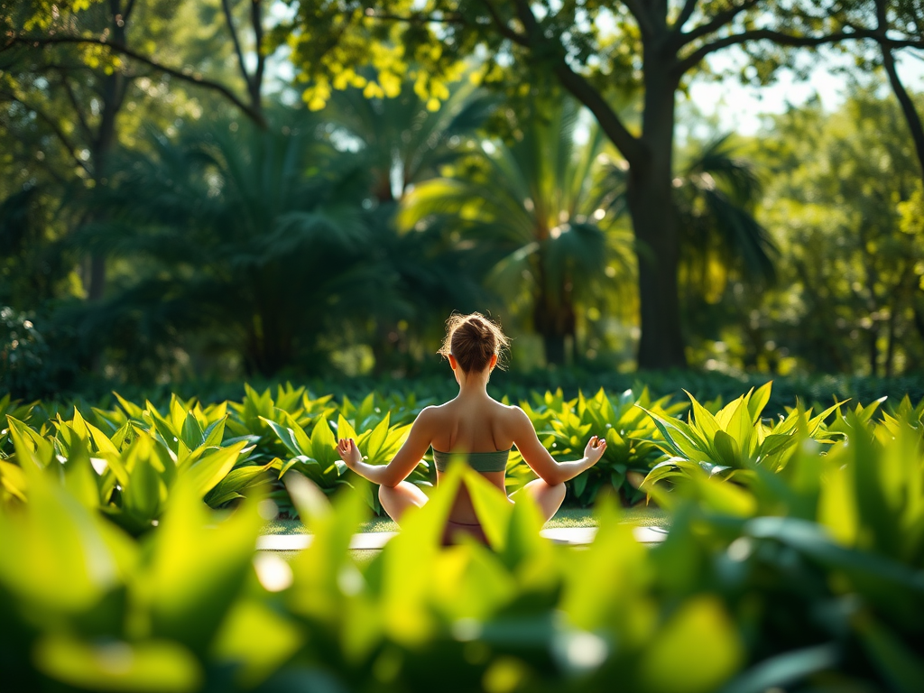 A person meditating on a yoga mat surrounded by greenery.