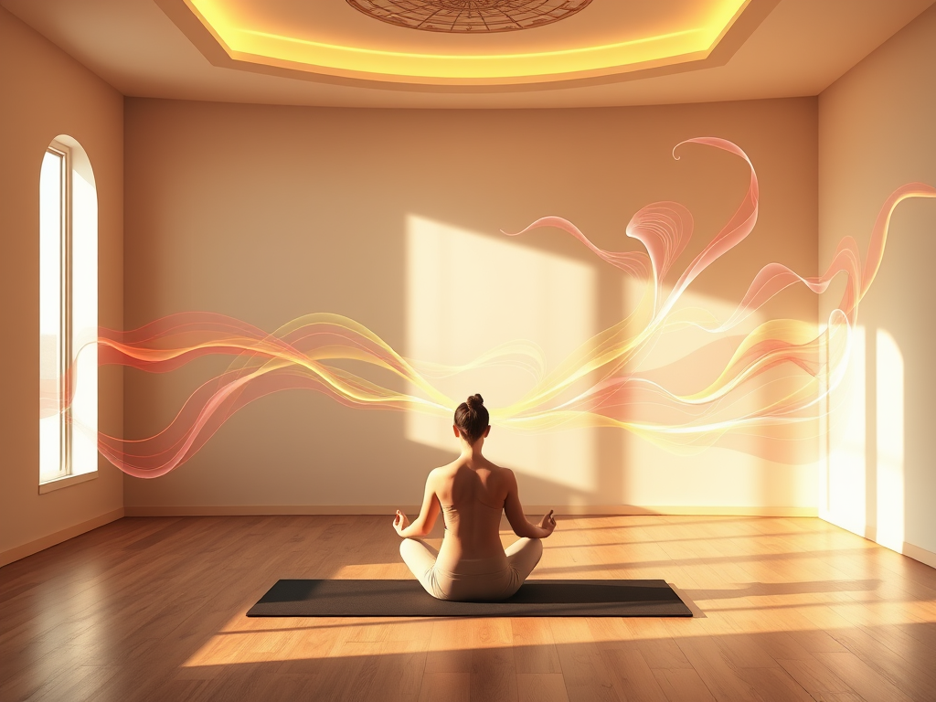 A person meditating in a softly lit yoga studio.