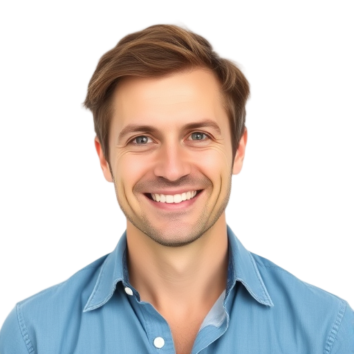 Smiling person in a blue shirt with a white background.