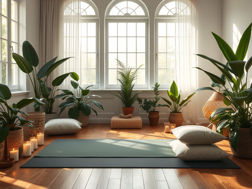 A bright indoor yoga space with plants and cushions.