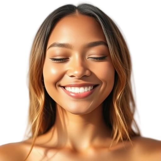 A smiling person with closed eyes and a light background.