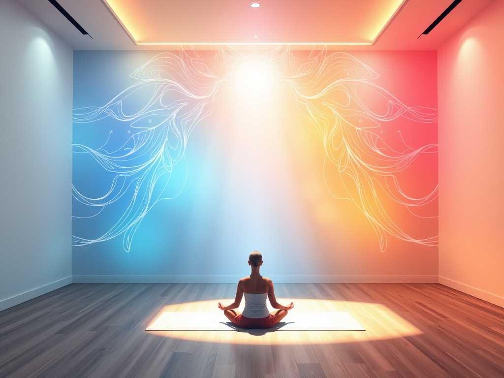 A person meditating in a softly lit yoga studio.