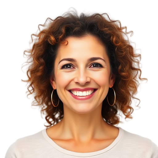 Smiling person with curly hair against a white background.