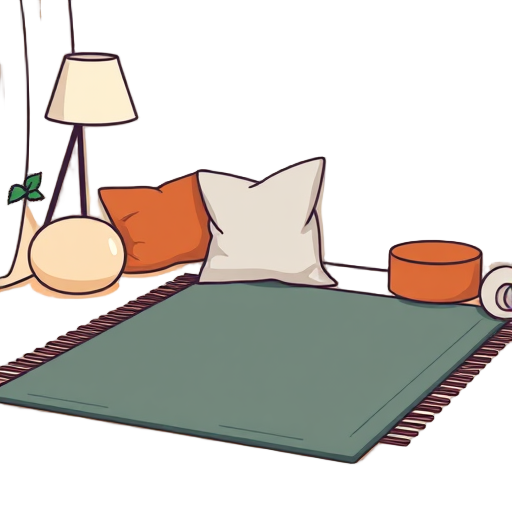 Cozy home setup with yoga mat and cushions.