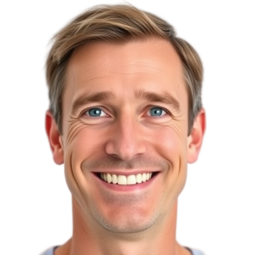 A smiling person with light hair against a white background.