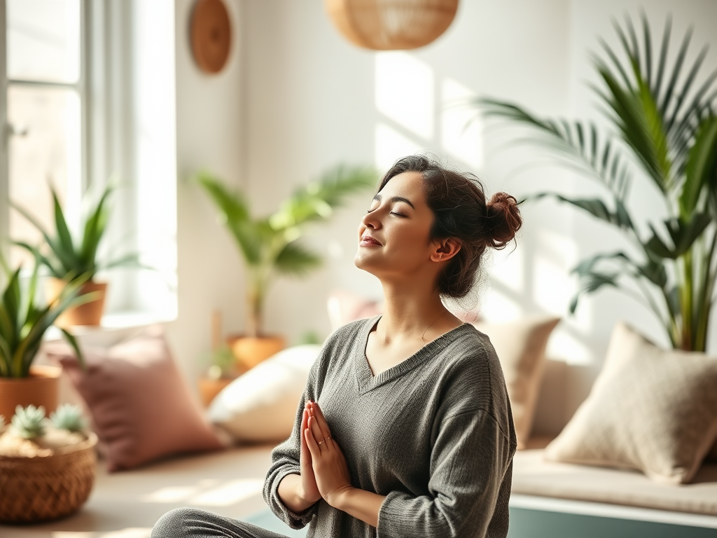 "A serene coach guiding a relaxed person breathing deeply" "soft natural light" "peaceful indoor studio with plants and cushions" "calm, focused expressions"