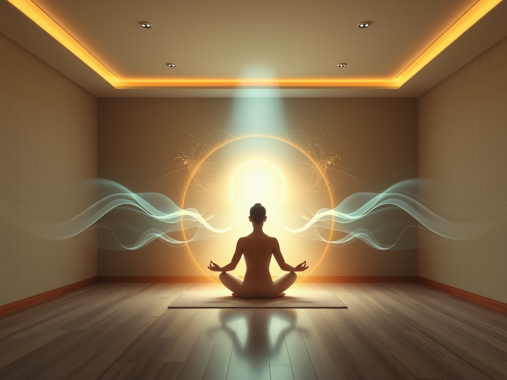 "calm serene room" with "meditating person" surrounded by "soft glowing light" and "breath visualization waves" conveying peace and transformation.