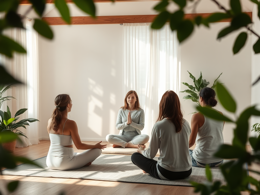"A serene, softly lit room" with "a calm coach guiding a diverse group in breathwork" surrounded by "gentle nature elements like leaves and soft light beams," evoking tranquility and connection.