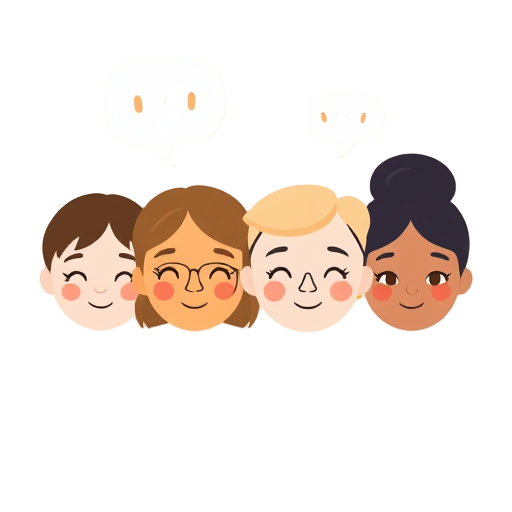 "Four diverse faces" "Calm expressions" "Gentle glow" "Speech bubbles" "Soft pastel colors" "Minimalist style"