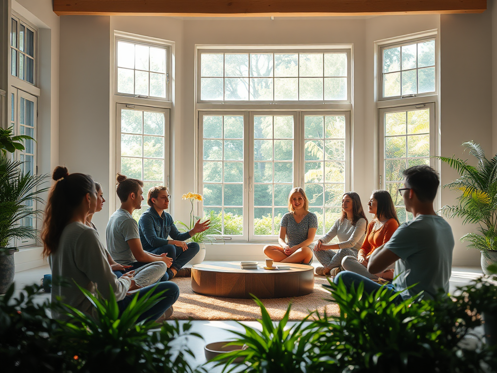 "a serene, calming space" with "soft natural light filtering through large windows," "a diverse group of people sitting in a circle," "peaceful expressions," and "gentle greenery surrounding them."