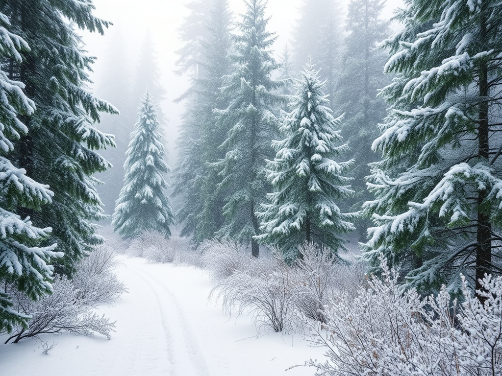 "serene winter forest" with "gentle snowfall" under a "soft morning light", featuring "frost-covered pine trees" and "delicate mint and jasmine flowers" nearby.