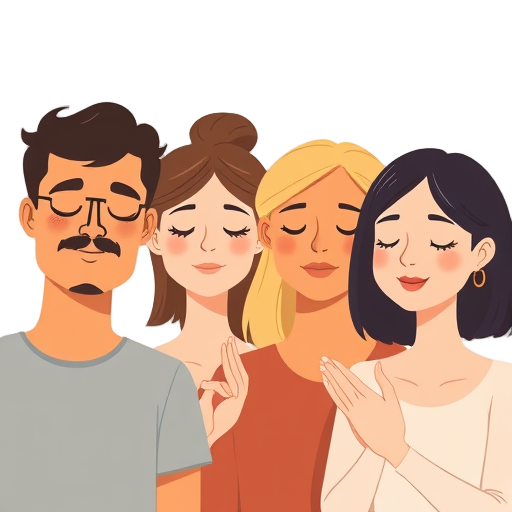 "four diverse people" "calm expressions" "breath flowing" "gentle hands" "peaceful atmosphere" "soft glow"