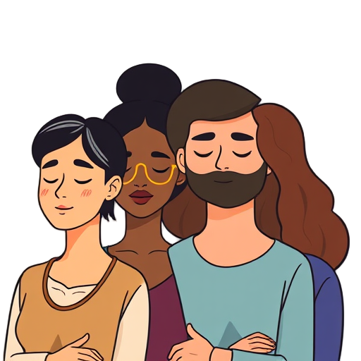"Four diverse coaches" "calm expression" "breathwork session" "safety symbols" "respectful posture" "emotional healing" "clear boundaries" "group setting"