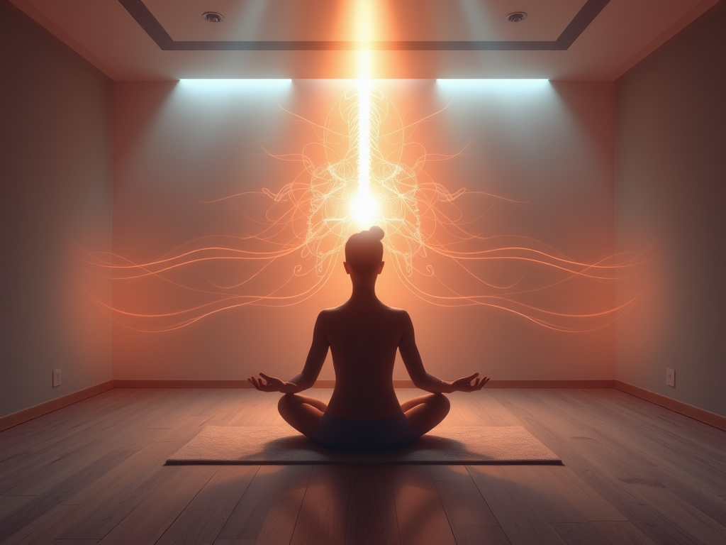 "calm serene room" with "meditating person" surrounded by "soft glowing light" and "breath visualization waves" conveying peace and transformation.