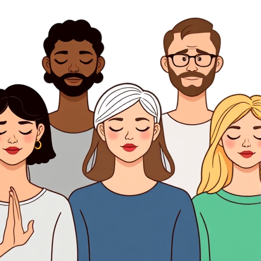 "group of diverse people" "calm expressions" "gentle breathing poses" "soft glow aura" "peaceful environment" "minimalist style"