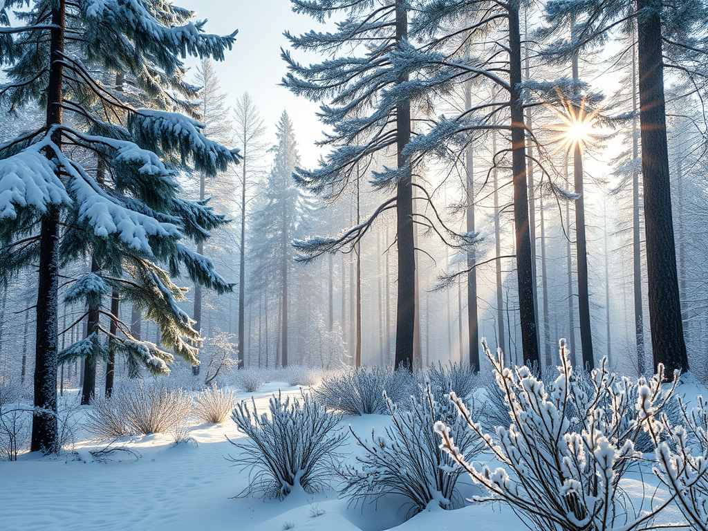 "serene winter forest" with "gentle snowfall" under a "soft morning light", featuring "frost-covered pine trees" and "delicate mint and jasmine flowers" nearby.