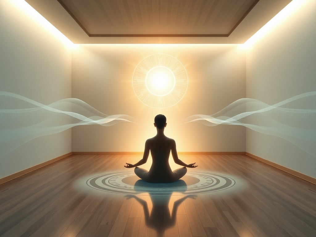 "calm serene room" with "meditating person" surrounded by "soft glowing light" and "breath visualization waves" conveying peace and transformation.