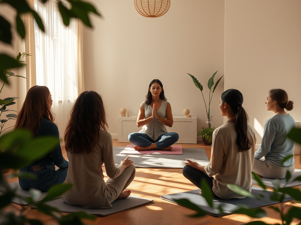 "A serene, softly lit room" with "a calm coach guiding a diverse group in breathwork" surrounded by "gentle nature elements like leaves and soft light beams," evoking tranquility and connection.