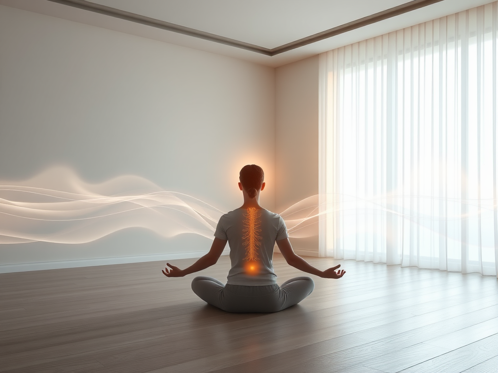 "calm serene room" with "meditating person" surrounded by "soft glowing light" and "breath visualization waves" conveying peace and transformation.