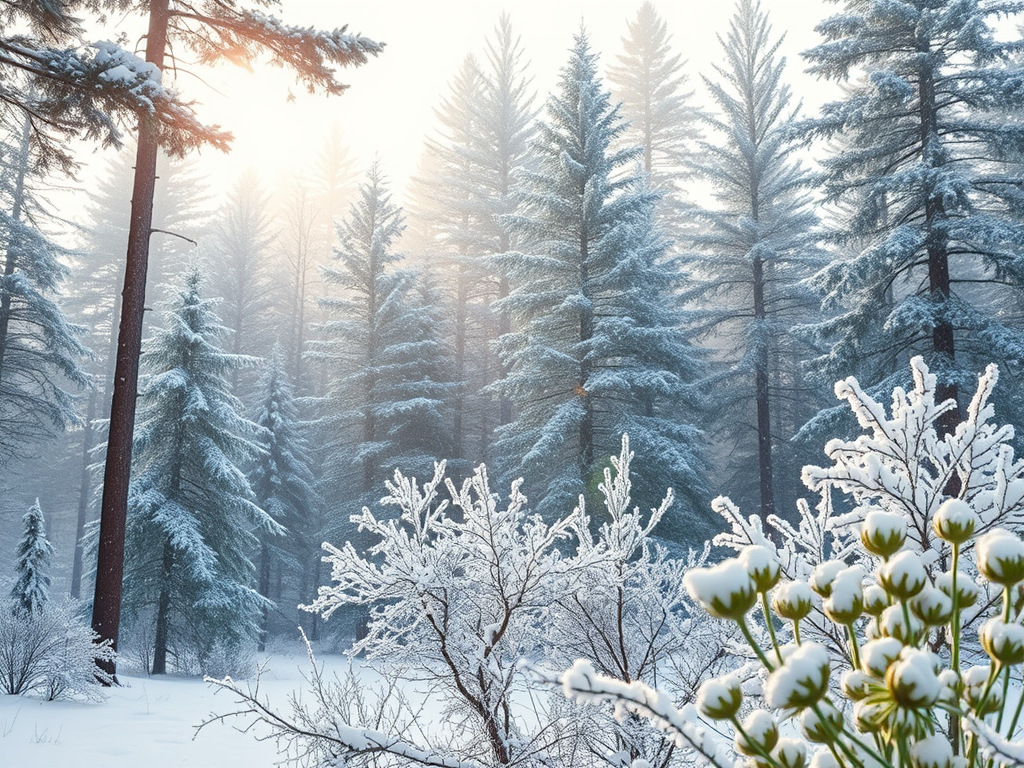 "serene winter forest" with "gentle snowfall" under a "soft morning light", featuring "frost-covered pine trees" and "delicate mint and jasmine flowers" nearby.
