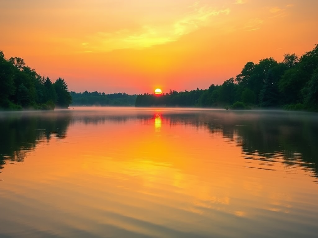 Zonsopgang boven een kalm meer met groene bomen.
