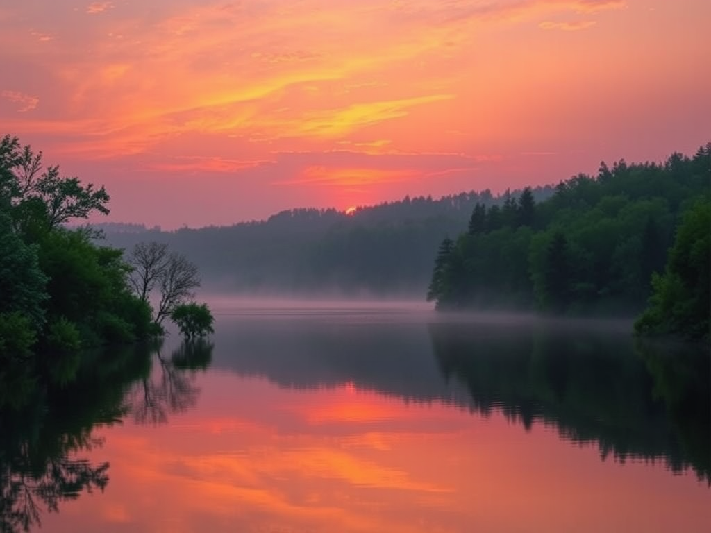 Zonsopgang boven een kalme, reflecterende meer.