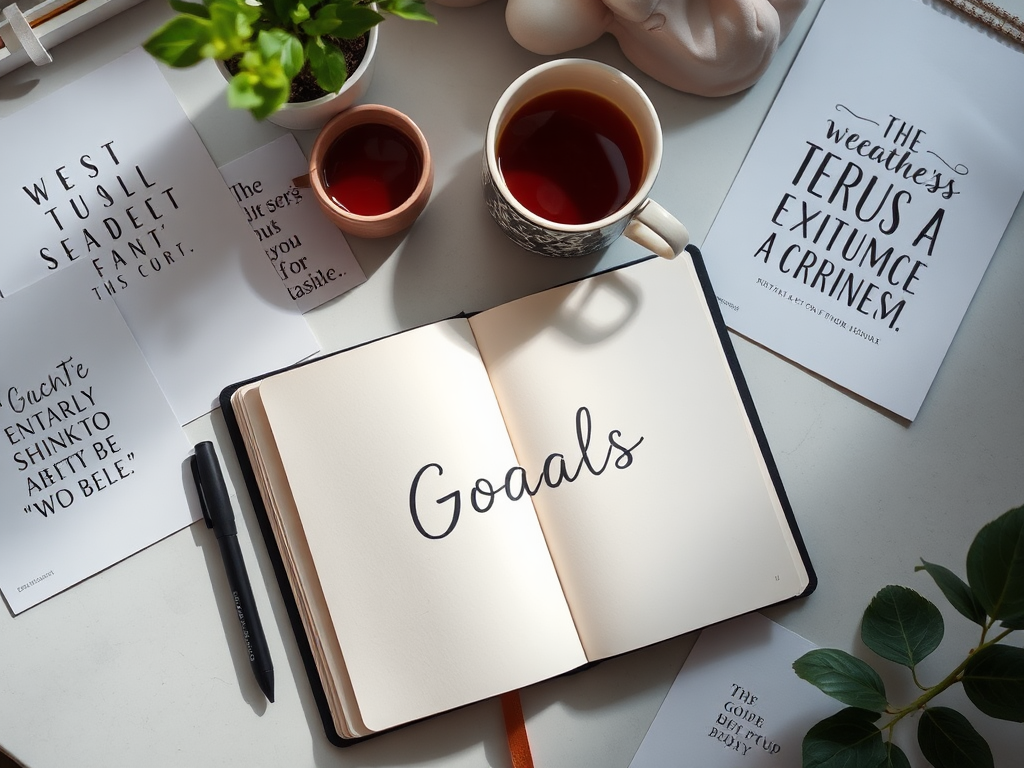 Een serene werkplek met een open journal en thee.